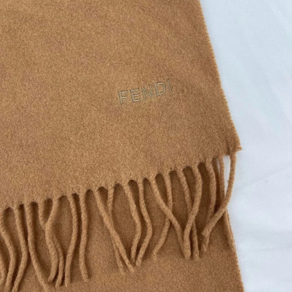 Vintage 90s Fendi Brown Wool Tassel Scarf Archival Embroidered Fall Quiet Luxury